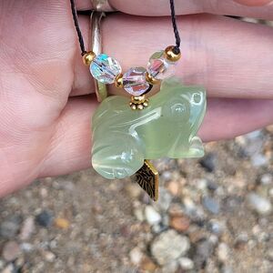 Carved Jade Frog with Faceted AB Crystal and Jade Beaded Long Necklace 28"